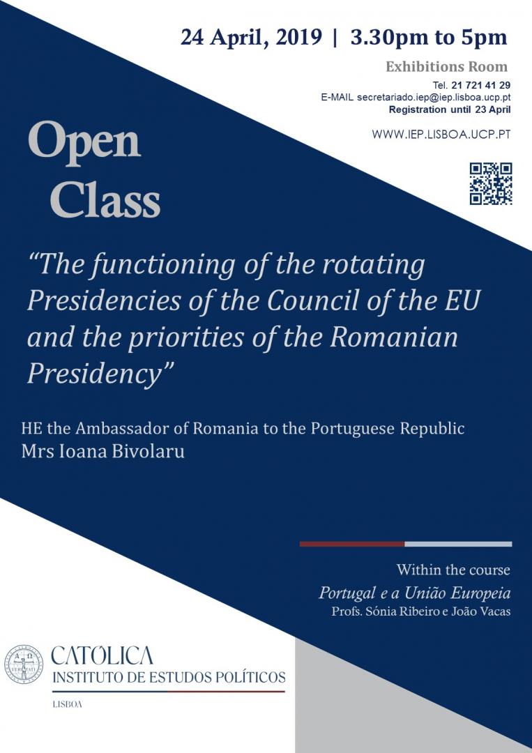 Cartaz Open Class 24 de Abril - The functioning of the rotating Presidencies of the Council of the EU and the priorities of the Romanian Presidency